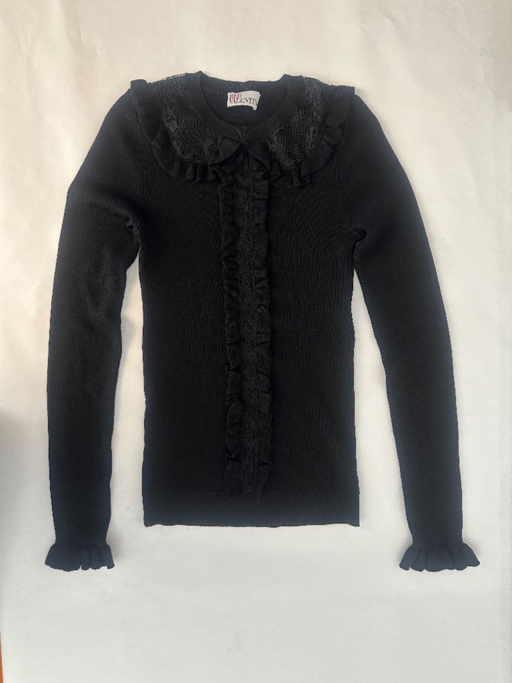 Red Valentino Black ruffle long sleeve top with lace detailing